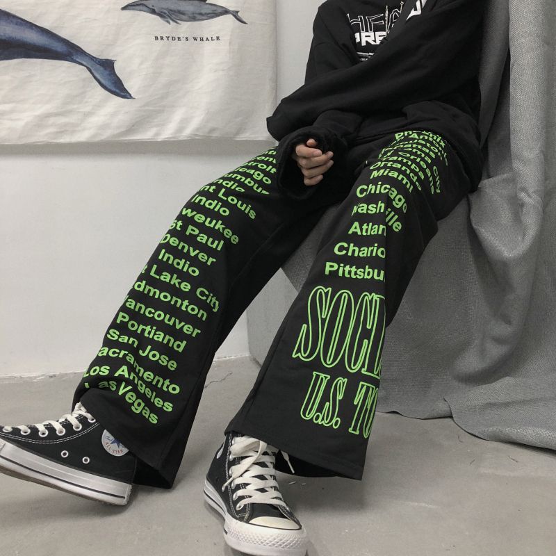 Quần Dài Ống Rộng In Chữ Phong Cách Hip Hop Đường Phố Hàn Quốc Cá Tính