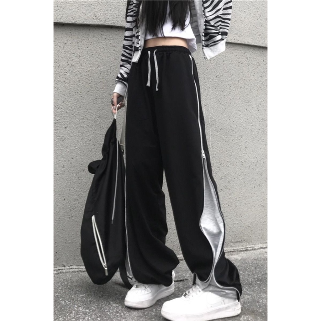 Quần Dài Thể Thao Lưng Cao Ống Rộng Phối Khóa Kéo Thời Trang Mùa Hè Cho Nữ