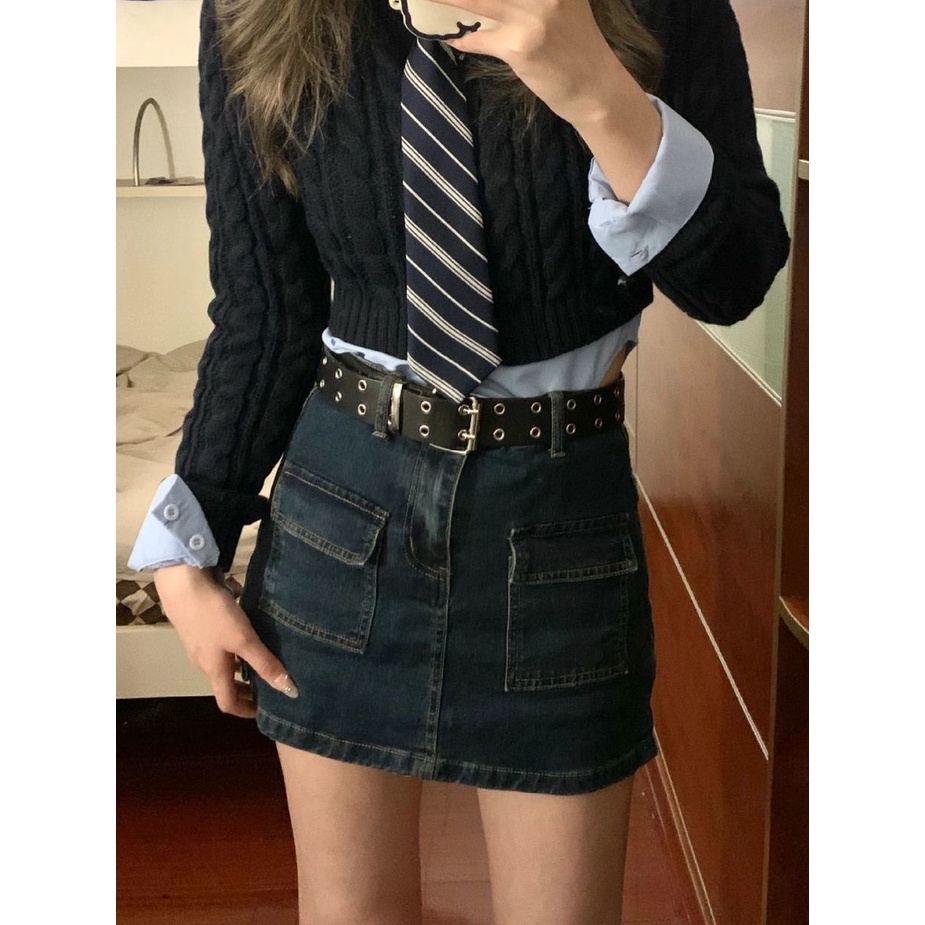 Jiashucheng Chân Váy Denim Dáng Chữ A Có Túi Lót Chống Lóa Phong Cách Retro Hong Kong Mùa Hè Cho Nữ