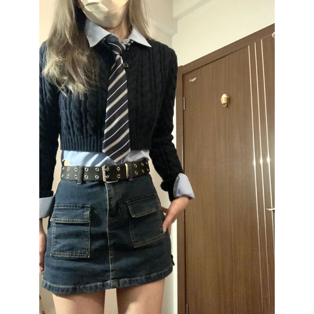 Jiashucheng Chân Váy Denim Dáng Chữ A Có Túi Lót Chống Lóa Phong Cách Retro Hong Kong Mùa Hè Cho Nữ