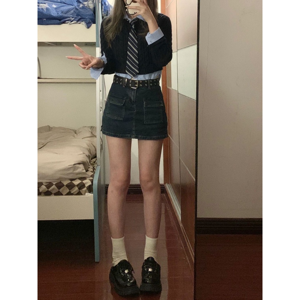 Jiashucheng Chân Váy Denim Dáng Chữ A Có Túi Lót Chống Lóa Phong Cách Retro Hong Kong Mùa Hè Cho Nữ