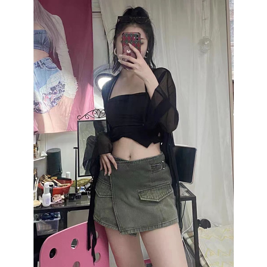 Jiashucheng Chân Váy Denim Dáng Chữ A Phong Cách Retro Đường Phố Mùa Hè Dành Cho Nữ