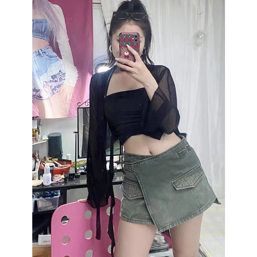 Jiashucheng Chân Váy Denim Dáng Chữ A Phong Cách Retro Đường Phố Mùa Hè Dành Cho Nữ