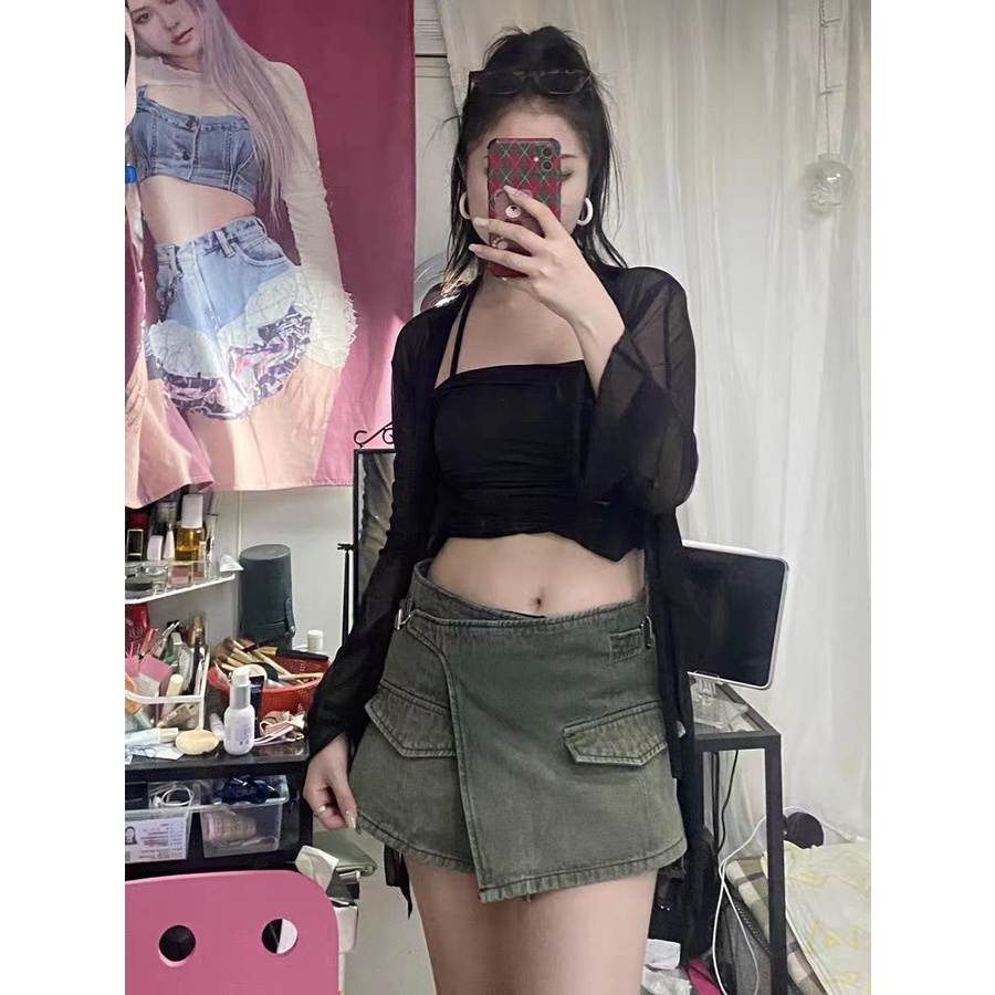 Jiashucheng Chân Váy Denim Dáng Chữ A Phong Cách Retro Đường Phố Mùa Hè Dành Cho Nữ