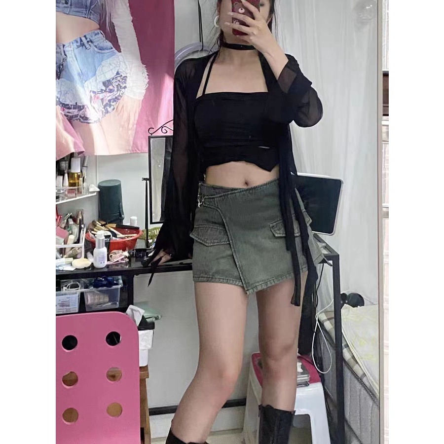 Jiashucheng Chân Váy Denim Dáng Chữ A Phong Cách Retro Đường Phố Mùa Hè Dành Cho Nữ