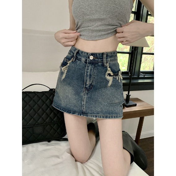 Jiashucheng Chân Váy Denim Dáng Chữ a Lưng Cao Thời Trang Mùa Hè Dễ Phối Đồ Phong Cách Mới Cho Nữ
