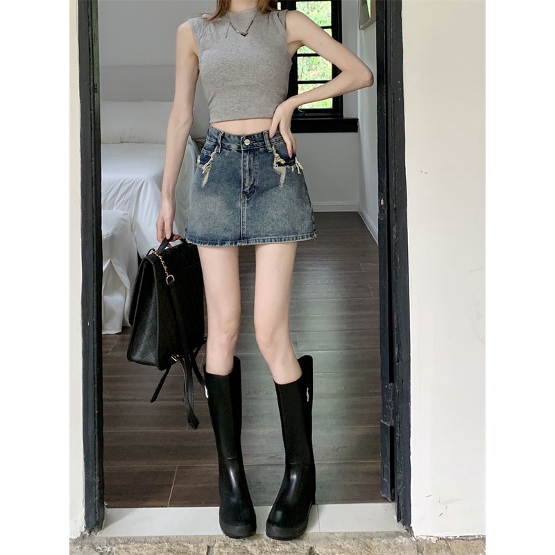 Jiashucheng Chân Váy Denim Dáng Chữ a Lưng Cao Thời Trang Mùa Hè Dễ Phối Đồ Phong Cách Mới Cho Nữ