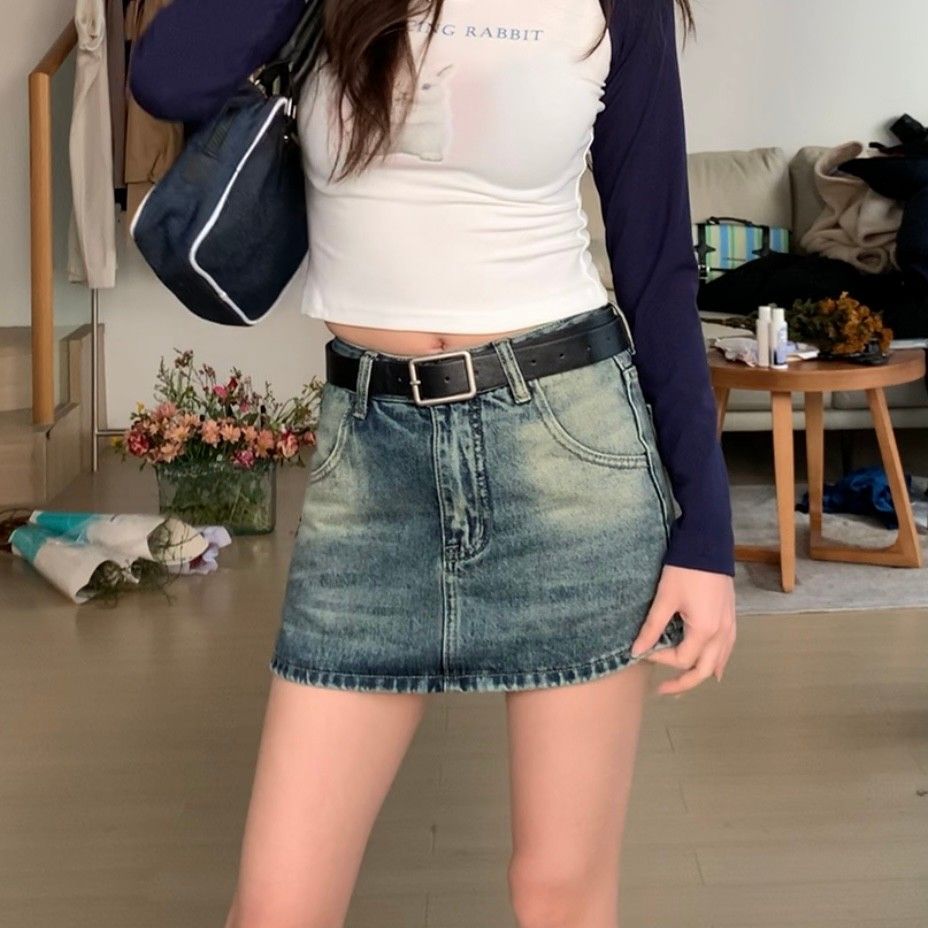 Jiashucheng Chân Váy Denim Chữ a Lưng Cao Ôm Hông Giặt Được Phong Cách Retro Mỹ Cho Nữ