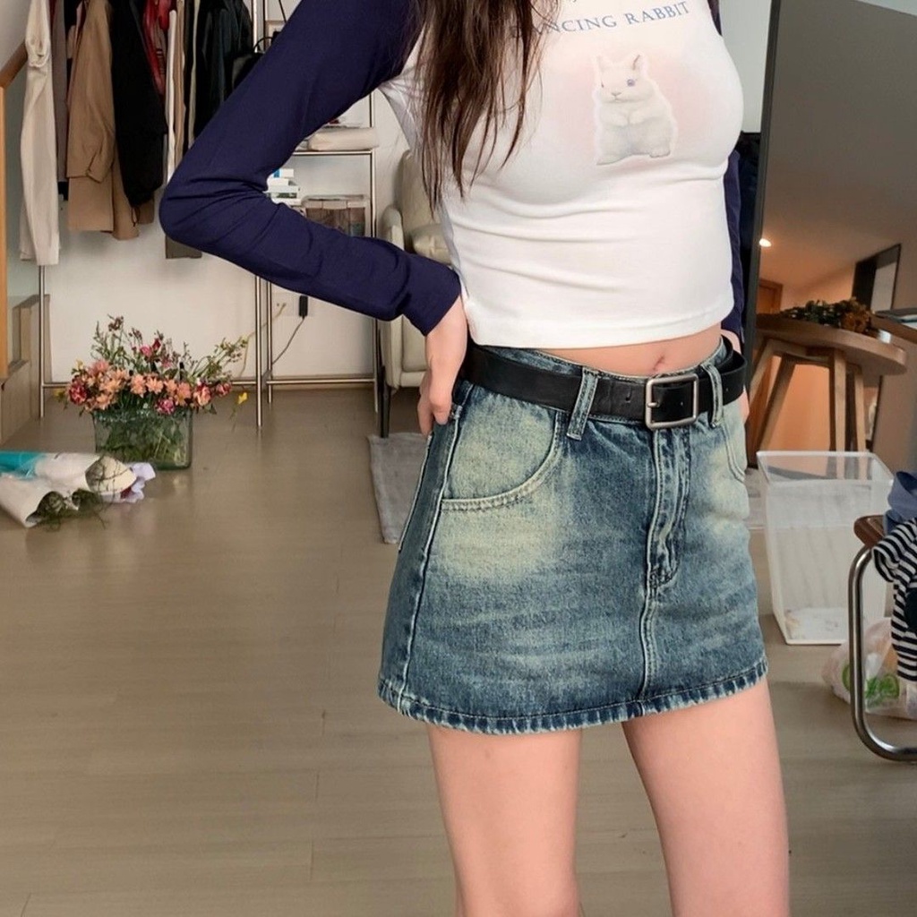 Jiashucheng Chân Váy Denim Chữ a Lưng Cao Ôm Hông Giặt Được Phong Cách Retro Mỹ Cho Nữ