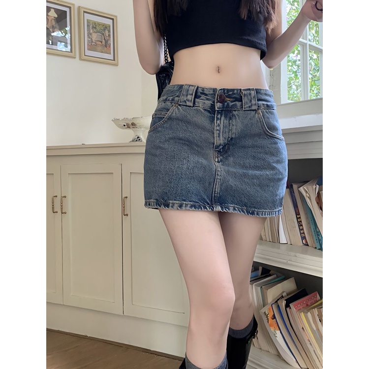 Jiashucheng Chân Váy Denim Chữ A Lưng Thấp Phong Cách Retro Đường Phố Mỹ Thời Trang Xuân Hè Cho Nữ