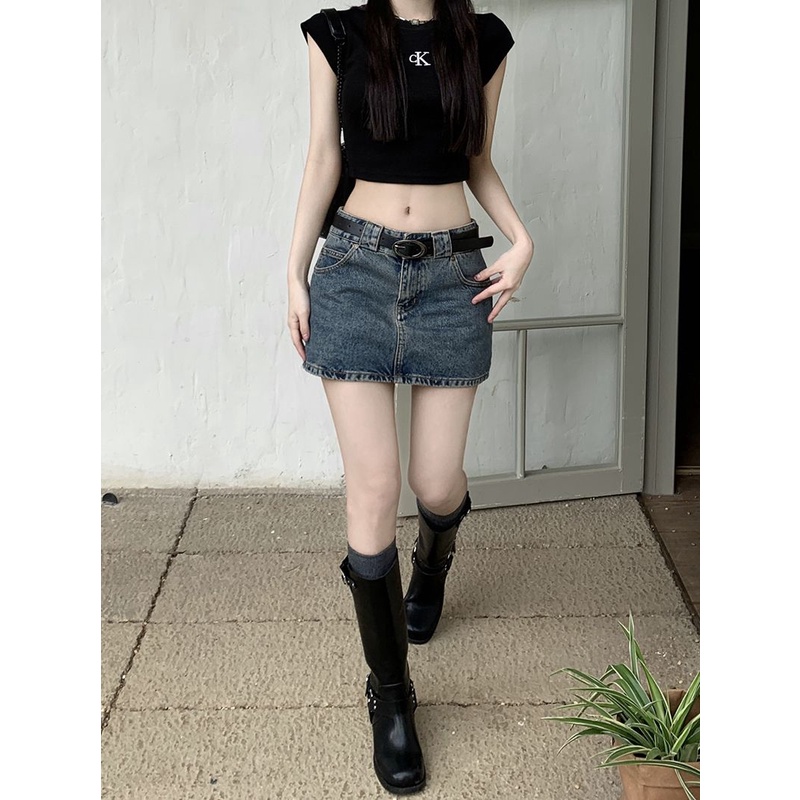 Jiashucheng Chân Váy Denim Chữ A Lưng Thấp Phong Cách Retro Đường Phố Mỹ Thời Trang Xuân Hè Cho Nữ