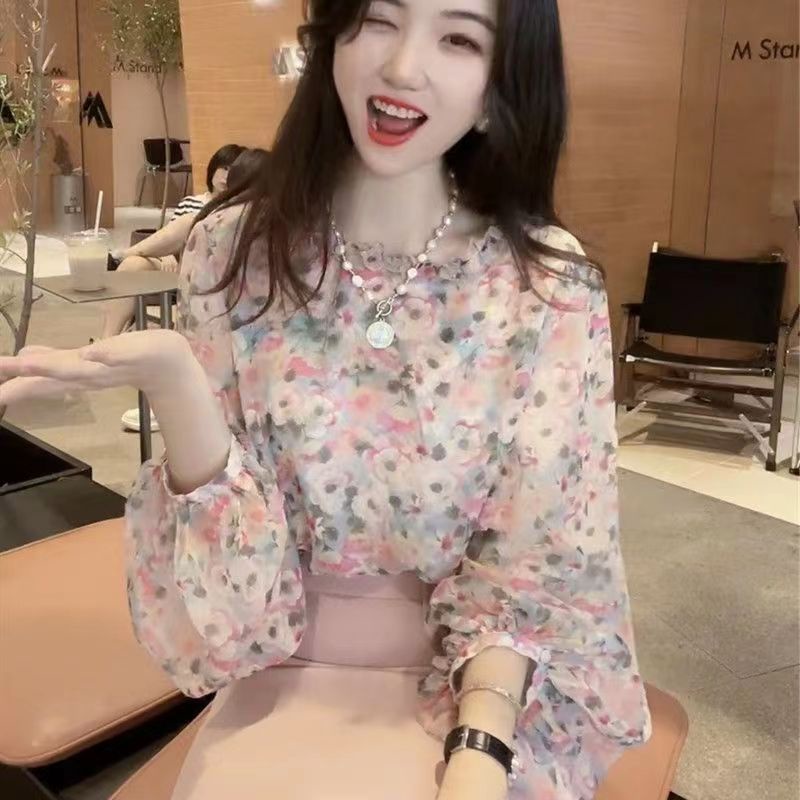 Jiashucheng Áo Sơ Mi Chiffon Tay Dài Cổ Tròn In Hoa Phong Cách Châu Âu Thời Trang Mùa Xuân Dễ Phối Đồ Cho Nữ