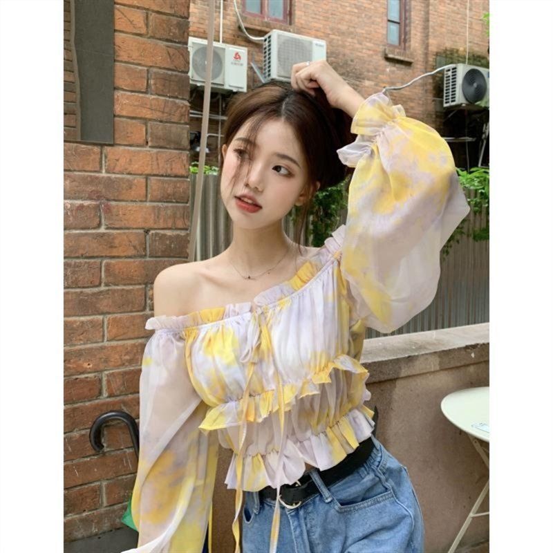 Jiashucheng Áo Sơ Mi Tay Dài Trễ Vai Dáng Ôm Ngắn Buộc Dây Màu Tương Phản Phong Cách Mới Mùa Hè Dành Cho Bạn Nữ