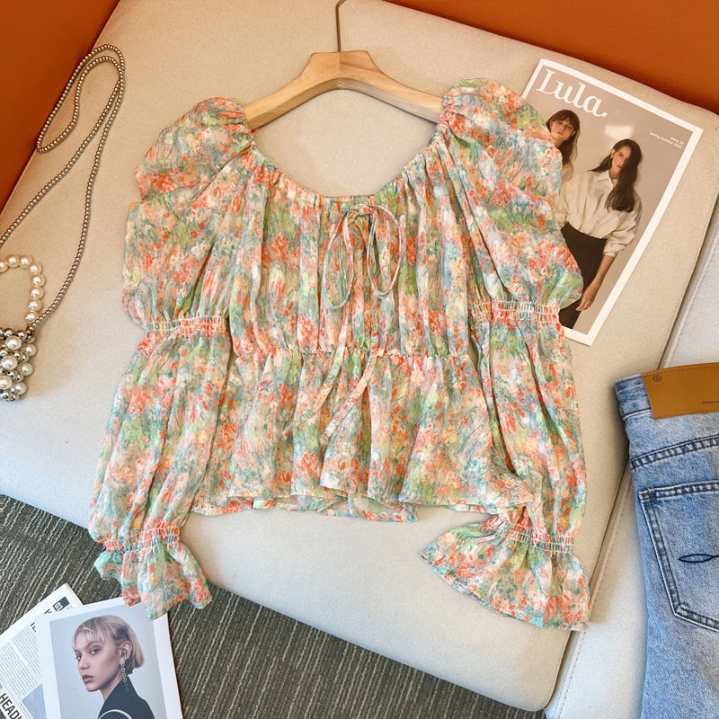 Jiashucheng Áo Sơ Mi Ngắn Tay Dài Phồng Buộc Dây Họa Tiết Hoa Mùa Hè Pháp Cổ Điển Thiết Kế Niche Cho Nữ