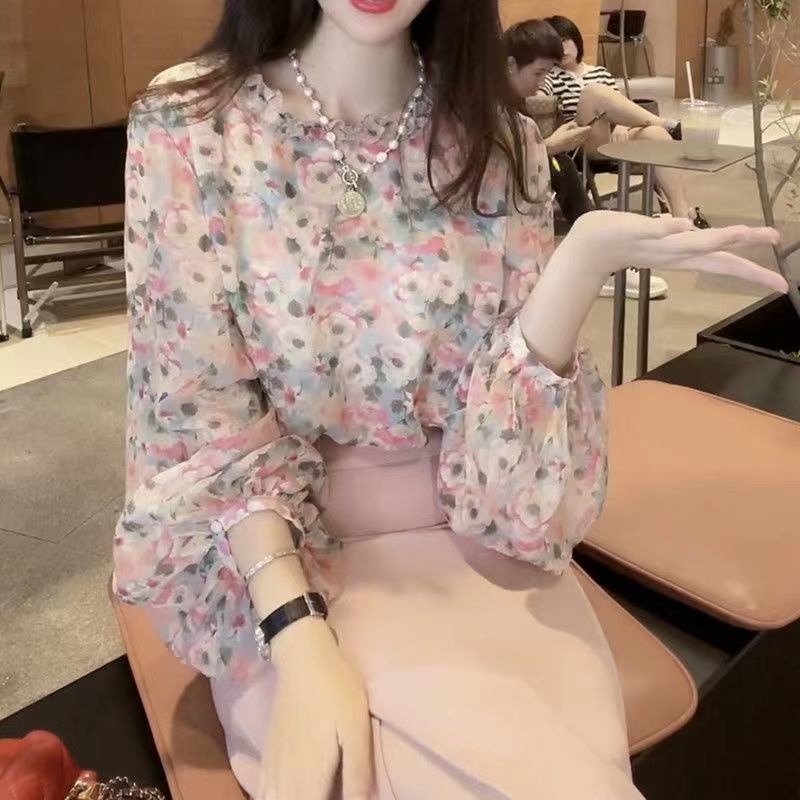Jiashucheng Áo Sơ Mi Chiffon Tay Dài Cổ Tròn In Hoa Phong Cách Châu Âu Thời Trang Mùa Xuân Dễ Phối Đồ Cho Nữ