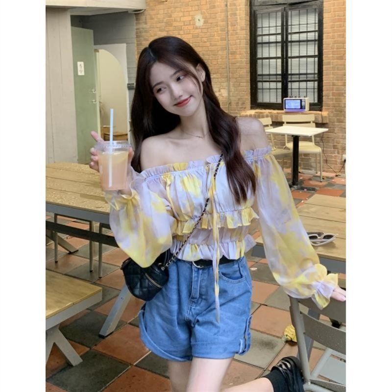 Jiashucheng Áo Sơ Mi Tay Dài Trễ Vai Dáng Ôm Ngắn Buộc Dây Màu Tương Phản Phong Cách Mới Mùa Hè Dành Cho Bạn Nữ