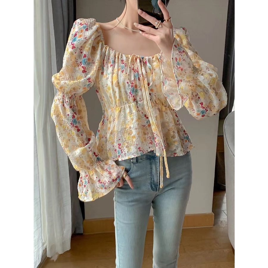 Jiashucheng Áo Sơ Mi Ngắn Tay Dài Phồng Buộc Dây Họa Tiết Hoa Mùa Hè Pháp Cổ Điển Thiết Kế Niche Cho Nữ