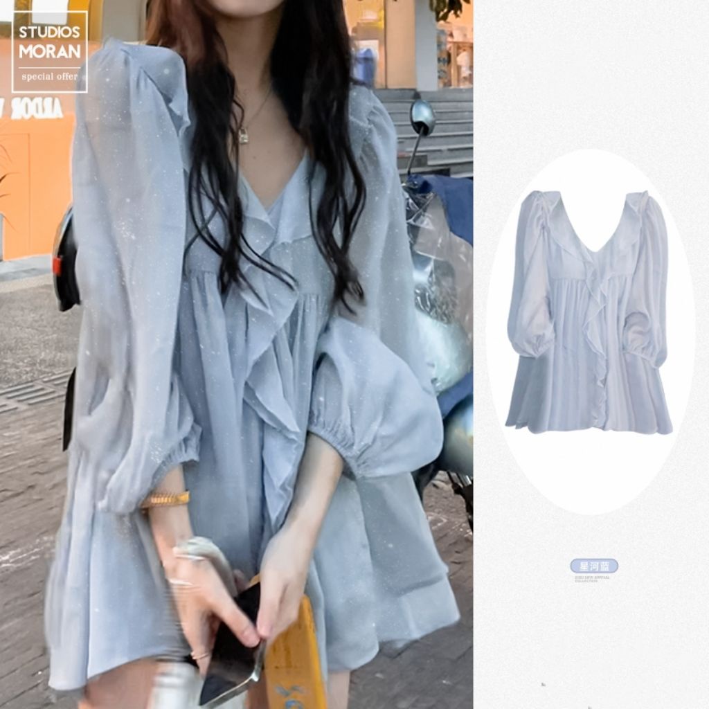 Jiashucheng Áo Sơ Mi Chiffon Dài Tay Phối Bèo Họa Tiết Galaxy Thời Trang Mùa Hè Cho Nữ