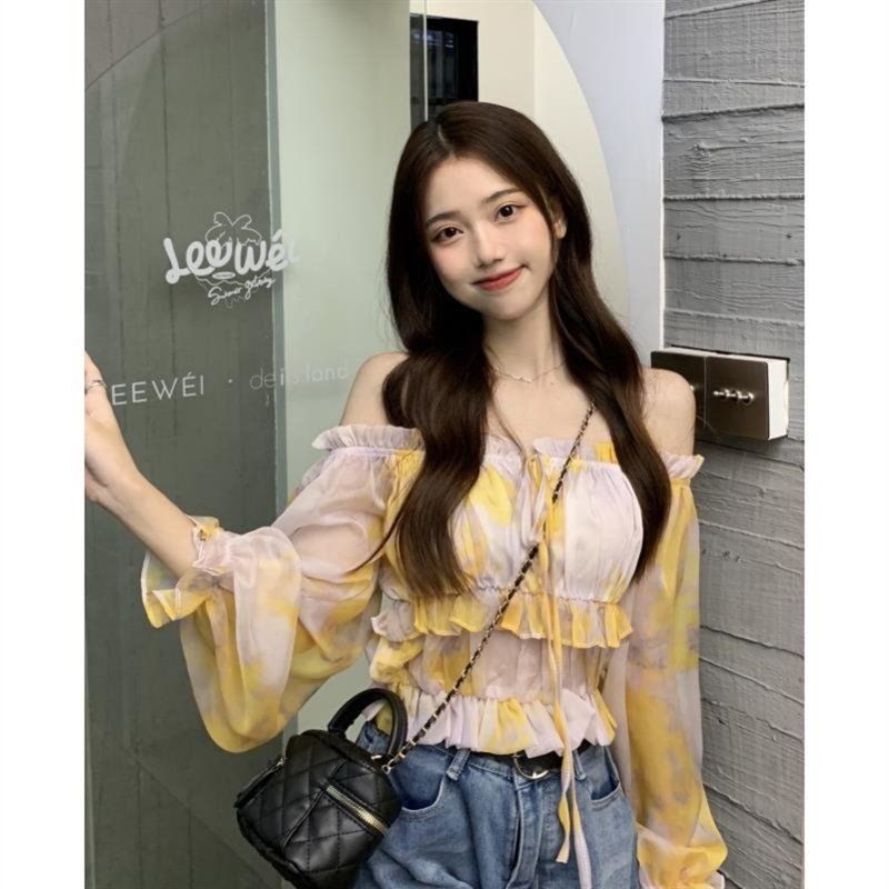 Jiashucheng Áo Sơ Mi Tay Dài Trễ Vai Dáng Ôm Ngắn Buộc Dây Màu Tương Phản Phong Cách Mới Mùa Hè Dành Cho Bạn Nữ