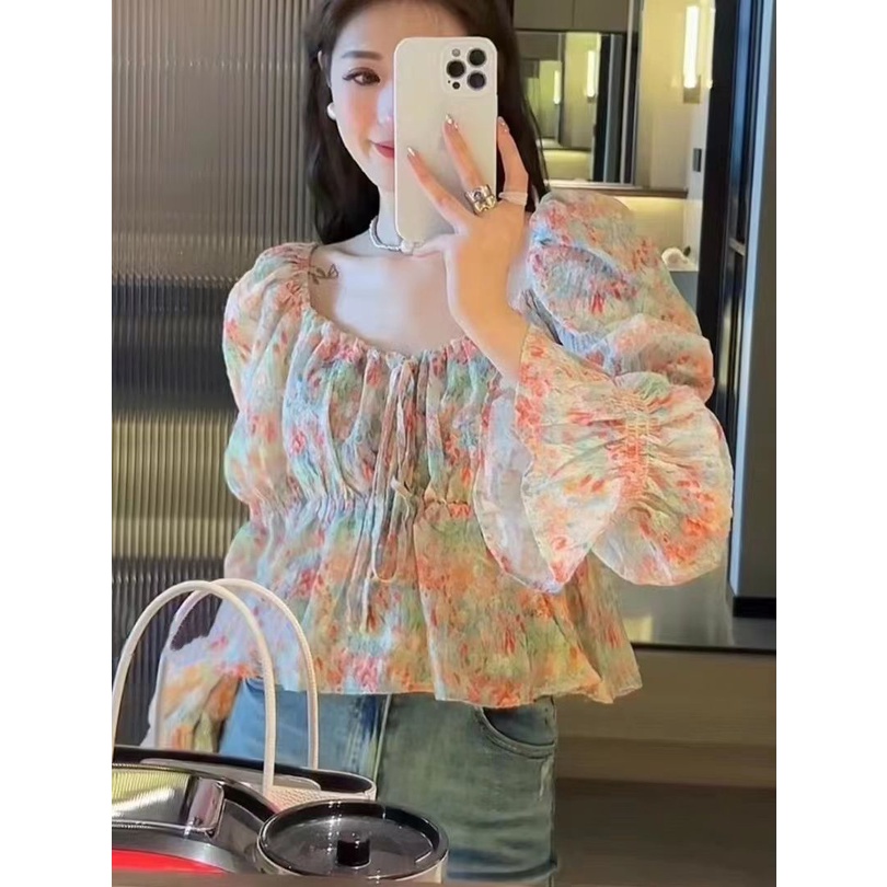 Jiashucheng Áo Sơ Mi Ngắn Tay Dài Phồng Buộc Dây Họa Tiết Hoa Mùa Hè Pháp Cổ Điển Thiết Kế Niche Cho Nữ