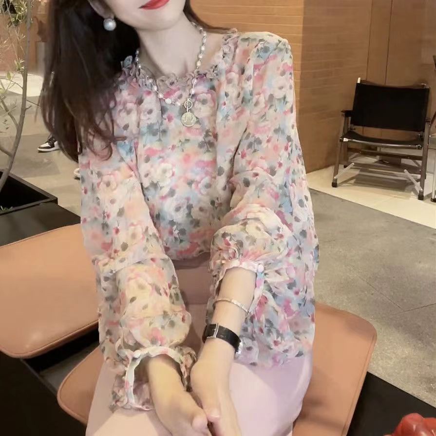 Jiashucheng Áo Sơ Mi Chiffon Tay Dài Cổ Tròn In Hoa Phong Cách Châu Âu Thời Trang Mùa Xuân Dễ Phối Đồ Cho Nữ