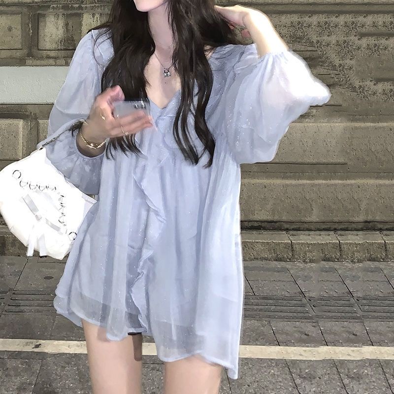 Jiashucheng Áo Sơ Mi Chiffon Dài Tay Phối Bèo Họa Tiết Galaxy Thời Trang Mùa Hè Cho Nữ