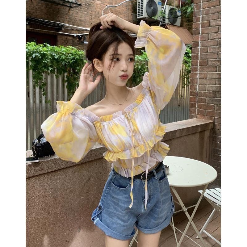 Jiashucheng Áo Sơ Mi Tay Dài Trễ Vai Dáng Ôm Ngắn Buộc Dây Màu Tương Phản Phong Cách Mới Mùa Hè Dành Cho Bạn Nữ