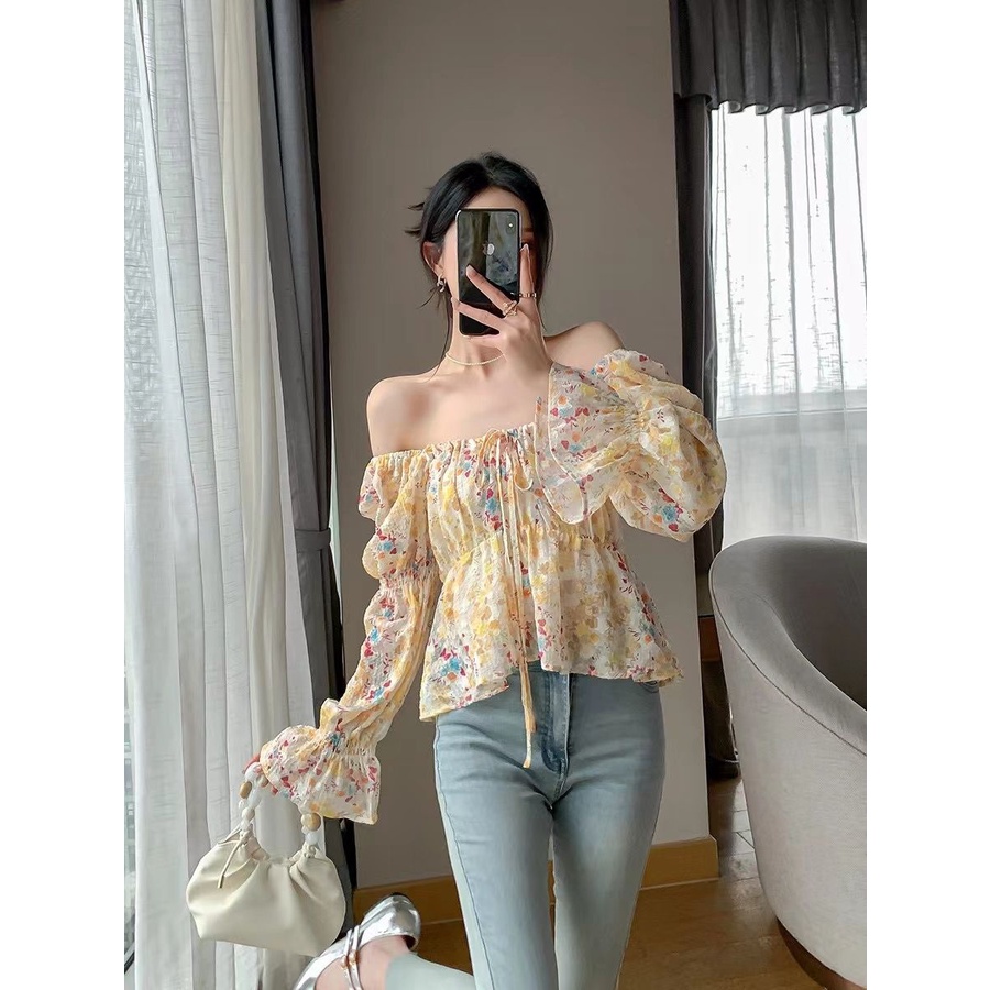 Jiashucheng Áo Sơ Mi Ngắn Tay Dài Phồng Buộc Dây Họa Tiết Hoa Mùa Hè Pháp Cổ Điển Thiết Kế Niche Cho Nữ