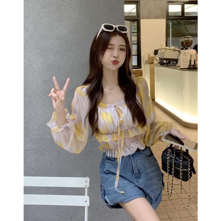 Jiashucheng Áo Sơ Mi Tay Dài Trễ Vai Dáng Ôm Ngắn Buộc Dây Màu Tương Phản Phong Cách Mới Mùa Hè Dành Cho Bạn Nữ