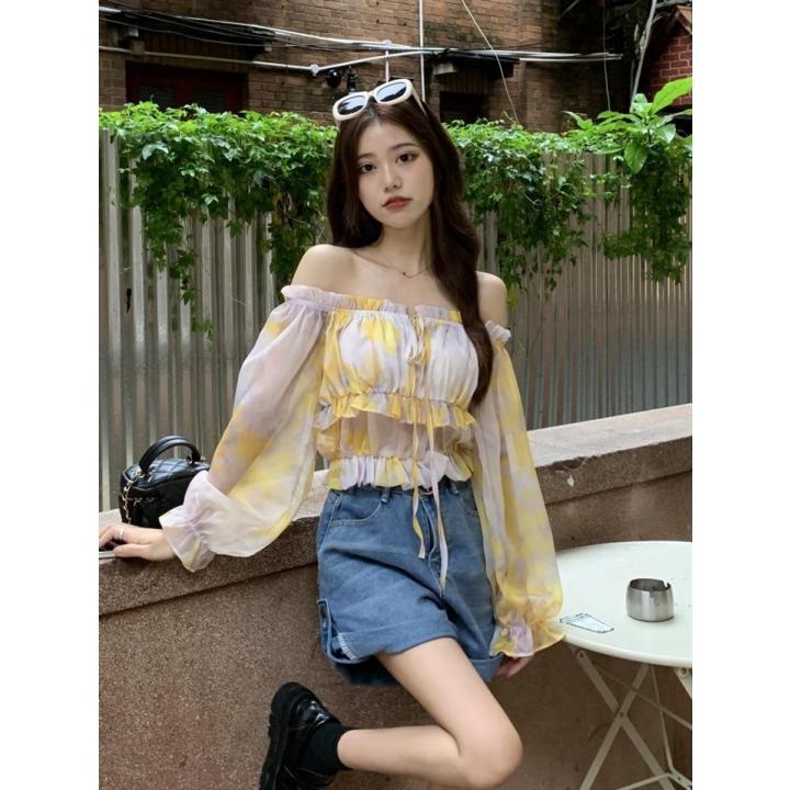 Jiashucheng Áo Sơ Mi Tay Dài Trễ Vai Dáng Ôm Ngắn Buộc Dây Màu Tương Phản Phong Cách Mới Mùa Hè Dành Cho Bạn Nữ