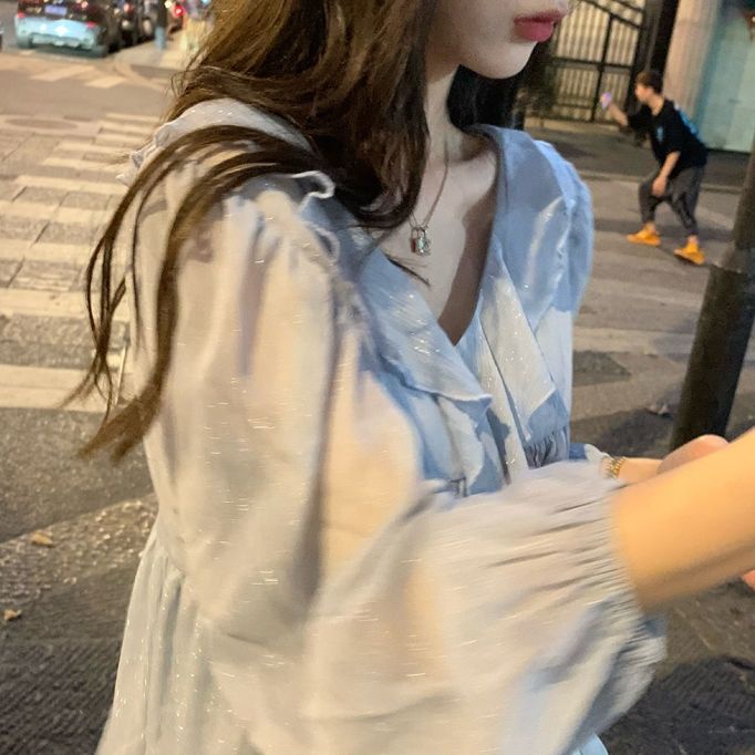 Jiashucheng Áo Sơ Mi Chiffon Dài Tay Phối Bèo Họa Tiết Galaxy Thời Trang Mùa Hè Cho Nữ