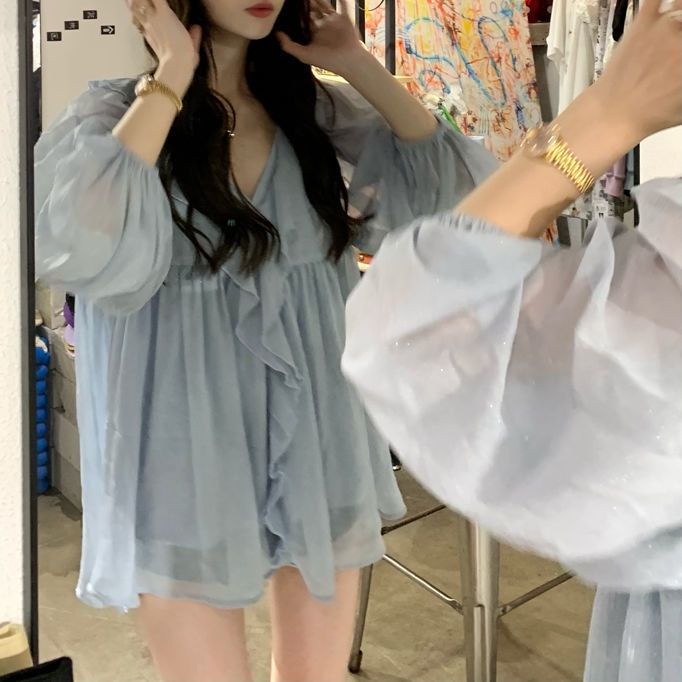 Jiashucheng Áo Sơ Mi Chiffon Dài Tay Phối Bèo Họa Tiết Galaxy Thời Trang Mùa Hè Cho Nữ