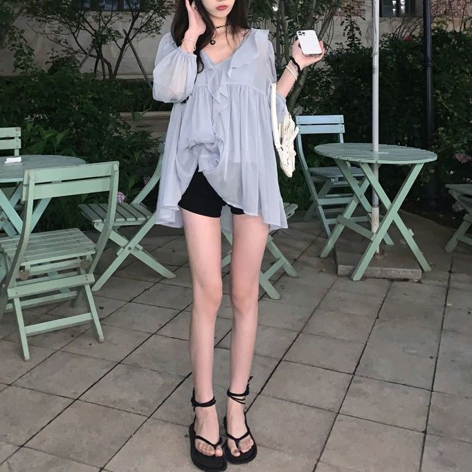 Jiashucheng Áo Sơ Mi Chiffon Dài Tay Phối Bèo Họa Tiết Galaxy Thời Trang Mùa Hè Cho Nữ