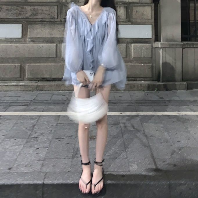 Jiashucheng Áo Sơ Mi Chiffon Dài Tay Phối Bèo Họa Tiết Galaxy Thời Trang Mùa Hè Cho Nữ