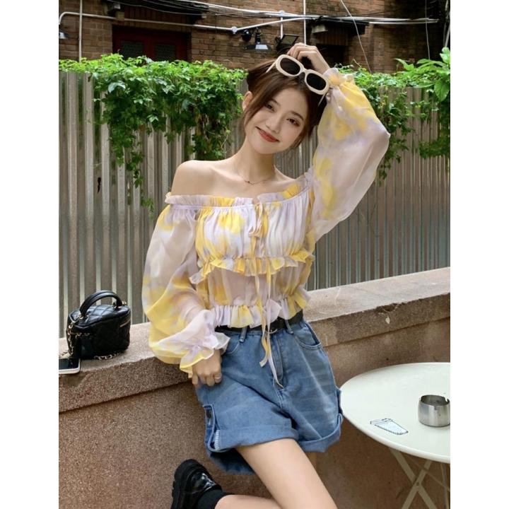 Jiashucheng Áo Sơ Mi Tay Dài Trễ Vai Dáng Ôm Ngắn Buộc Dây Màu Tương Phản Phong Cách Mới Mùa Hè Dành Cho Bạn Nữ