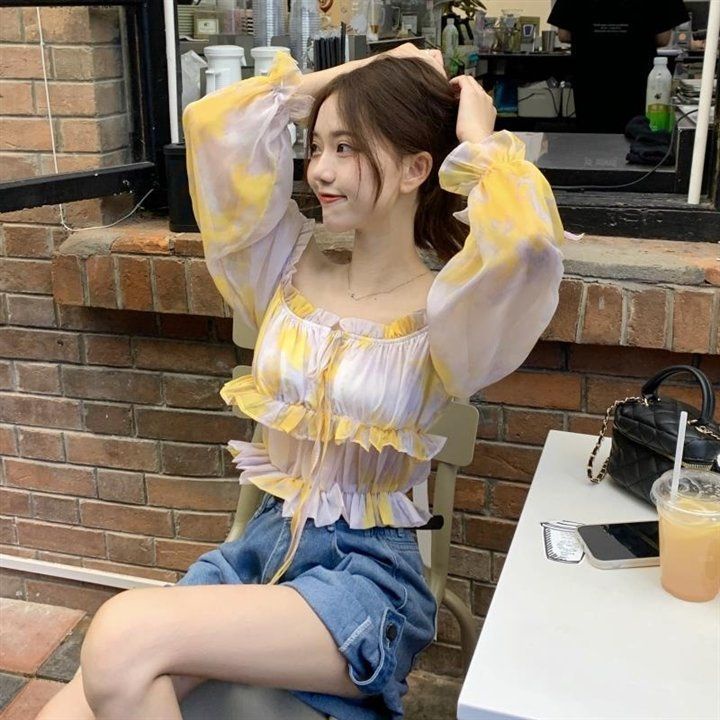 Jiashucheng Áo Sơ Mi Tay Dài Trễ Vai Dáng Ôm Ngắn Buộc Dây Màu Tương Phản Phong Cách Mới Mùa Hè Dành Cho Bạn Nữ