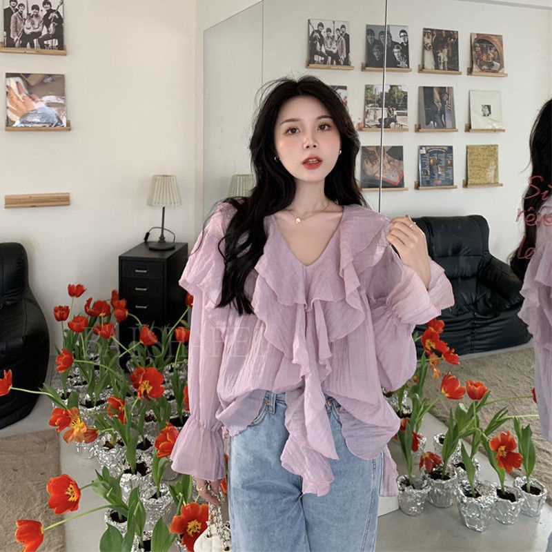 Jiashucheng Áo Sơ Mi Phối Bèo Màu Tím Thiết Kế Sang Trọng Thời Trang Mùa Xuân Cho Nữ