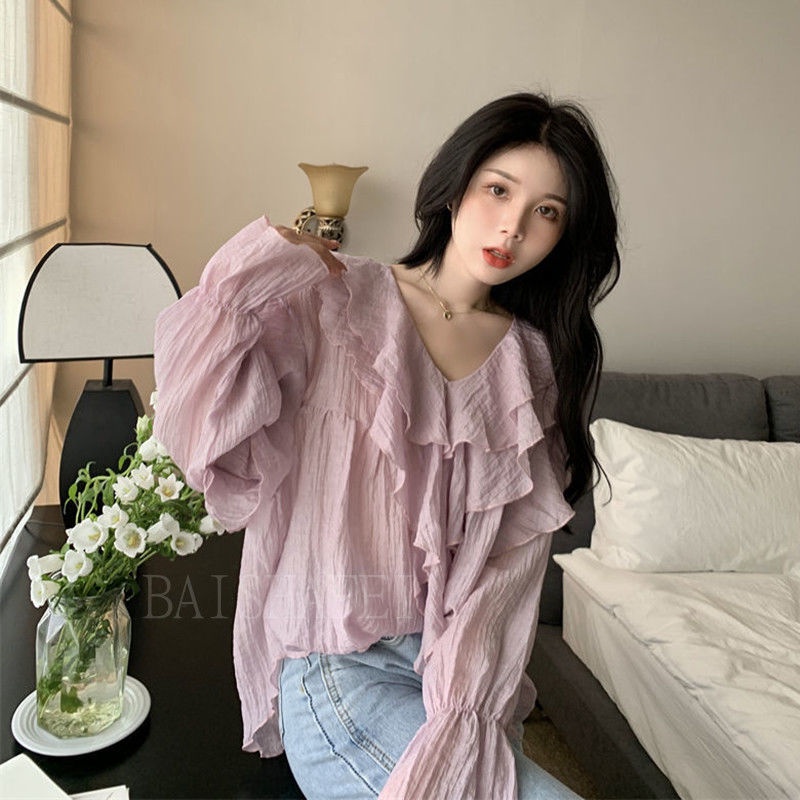 Jiashucheng Áo Sơ Mi Phối Bèo Màu Tím Thiết Kế Sang Trọng Thời Trang Mùa Xuân Cho Nữ