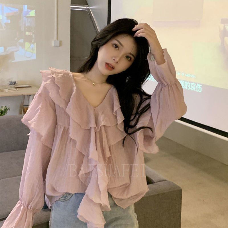 Jiashucheng Áo Sơ Mi Phối Bèo Màu Tím Thiết Kế Sang Trọng Thời Trang Mùa Xuân Cho Nữ
