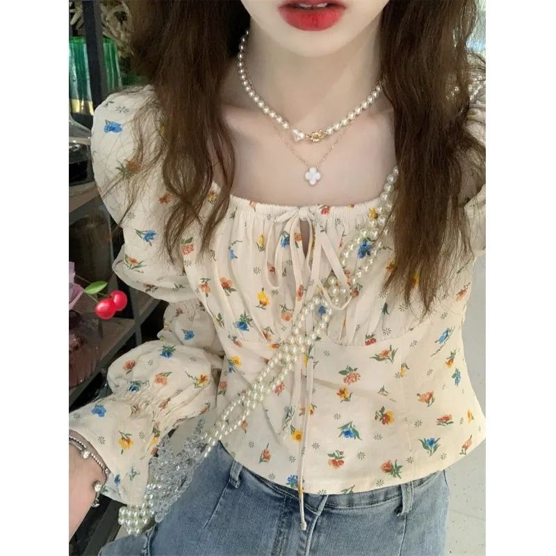 Jiashucheng Áo Sơ Mi Ngắn Tay Cổ Vuông Thắt Dây Ôm Dáng In Hoa Phong Cách Pháp Ngọt Ngào Cho Nữ
