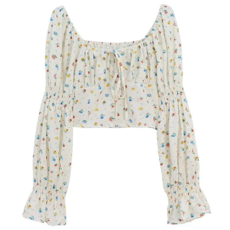 Jiashucheng Áo Sơ Mi Ngắn Tay Cổ Vuông Thắt Dây Ôm Dáng In Hoa Phong Cách Pháp Ngọt Ngào Cho Nữ