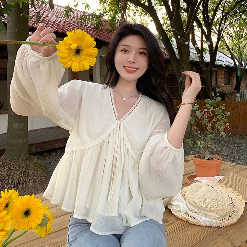Jiashucheng Áo Sơ Mi Chiffon Tay Dài Cổ Chữ v Phối Ren Phong Cách Hàn Quốc Thời Trang Xuân Hè Mới Cho Nữ
