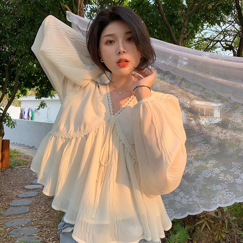 Jiashucheng Áo Sơ Mi Chiffon Tay Dài Cổ Chữ v Phối Ren Phong Cách Hàn Quốc Thời Trang Xuân Hè Mới Cho Nữ