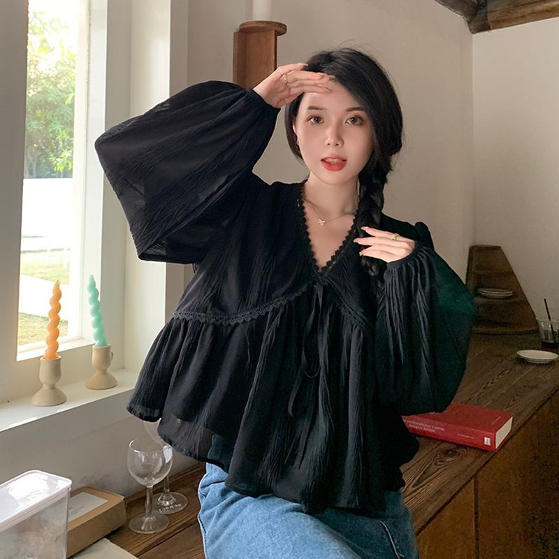 Jiashucheng Áo Sơ Mi Chiffon Tay Dài Cổ Chữ v Phối Ren Phong Cách Hàn Quốc Thời Trang Xuân Hè Mới Cho Nữ