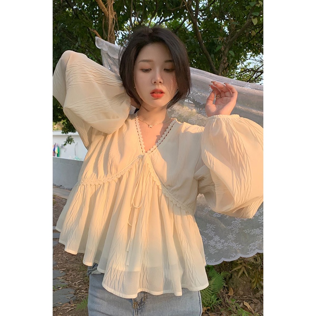 Jiashucheng Áo Sơ Mi Chiffon Tay Dài Cổ Chữ v Phối Ren Phong Cách Hàn Quốc Thời Trang Xuân Hè Mới Cho Nữ