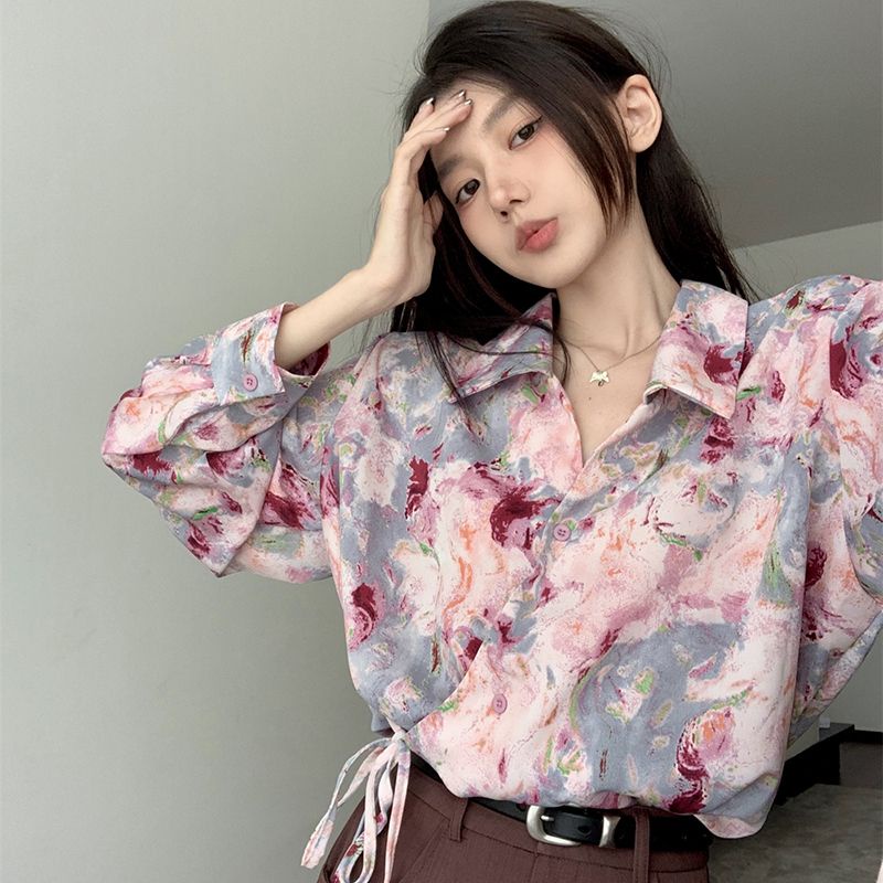 Jiashucheng Áo Sơ Mi Tay Dài Dáng Rộng Cột Dây In Họa Tiết Hoa Phong Cách Mới