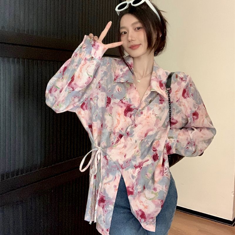 Jiashucheng Áo Sơ Mi Tay Dài Dáng Rộng Cột Dây In Họa Tiết Hoa Phong Cách Mới