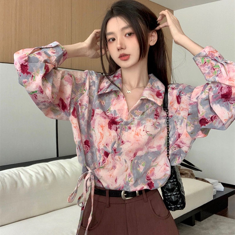Jiashucheng Áo Sơ Mi Tay Dài Dáng Rộng Cột Dây In Họa Tiết Hoa Phong Cách Mới