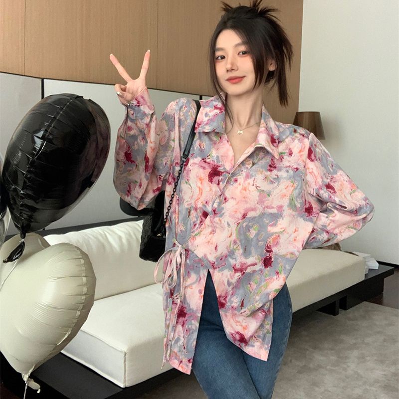 Jiashucheng Áo Sơ Mi Tay Dài Dáng Rộng Cột Dây In Họa Tiết Hoa Phong Cách Mới