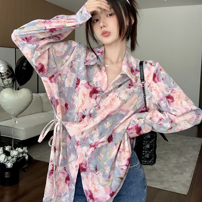 Jiashucheng Áo Sơ Mi Tay Dài Dáng Rộng Cột Dây In Họa Tiết Hoa Phong Cách Mới